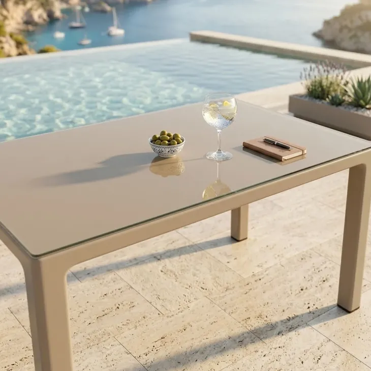Tavolo 150x90cm da giardino esterno bar dehors tortora con vetro Teodoro