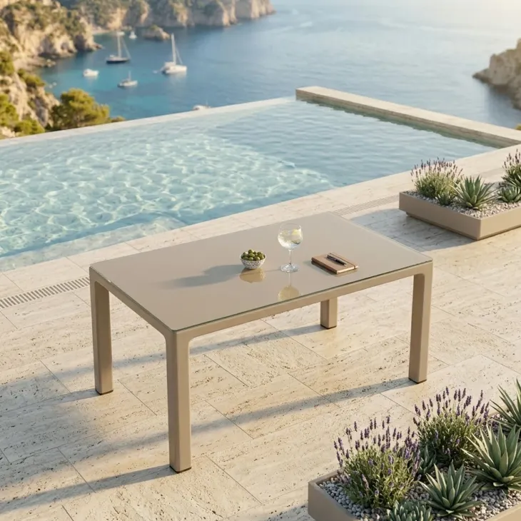 Tavolo 150x90cm da giardino esterno bar dehors tortora con vetro Teodoro