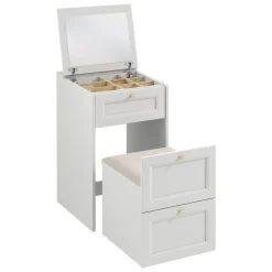 Toeletta da trucco shabby 50x80h cm con seduta richiudibile e specchio bianco Shubo