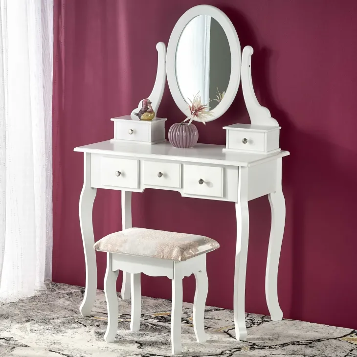 Toeletta da trucco 80x130h cm con specchio e sgabello bianco Lyra