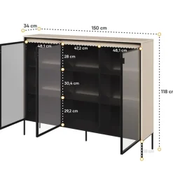 Vetrina bassa 150x118h cm 3 ante led beige nero Camelia