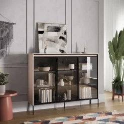 Vetrina bassa 150x118h cm 3 ante led beige nero Camelia