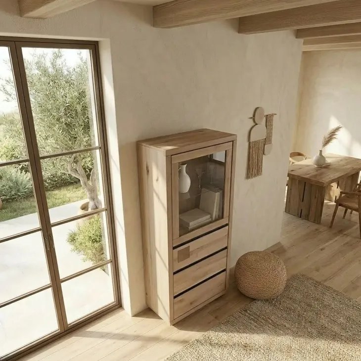 Vetrina 65x148h cm 1 anta 3 cassetti legno massello rovere Tarselia