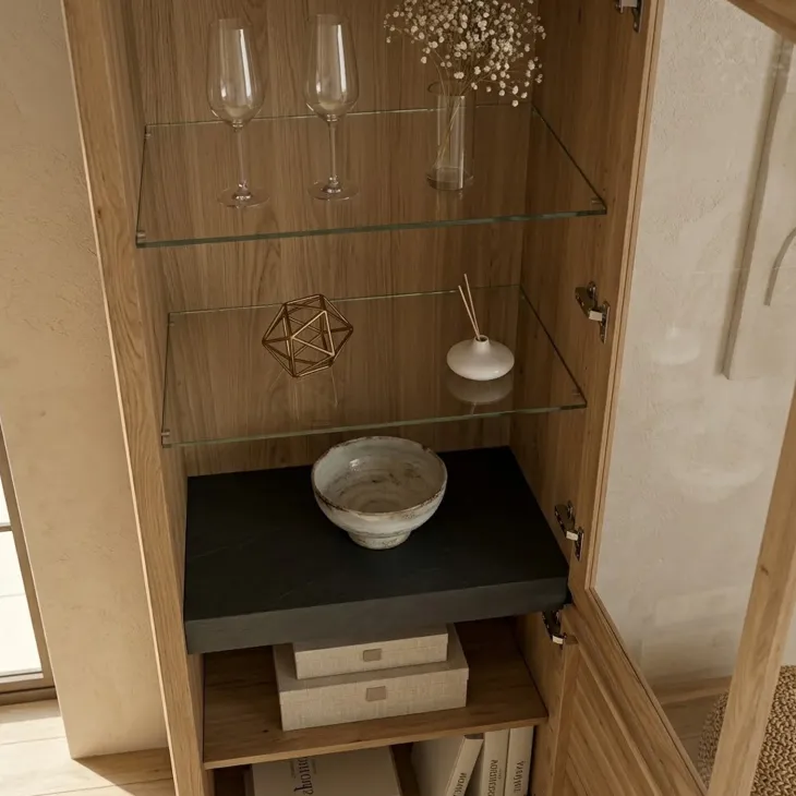 Vetrina 65x205h cm 2 ante apertura destra legno massello rovere Tarselia