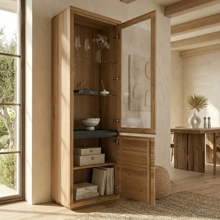 Vetrina 65x205h cm 2 ante apertura destra legno massello rovere Tarselia