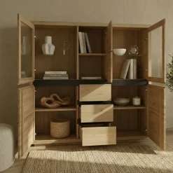 Vetrina 166x148h cm 5 ante 3 cassetti legno massello rovere Tarselia