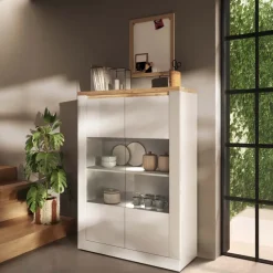 Vetrina 114x160h cm 2 ante con led bianco lucido rovere chiaro Istria